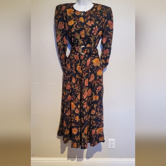 Vintage E.D. Michaels Autumn Floral Long Sleeve Belted Long Dress Size Small - Picture 1 of 9